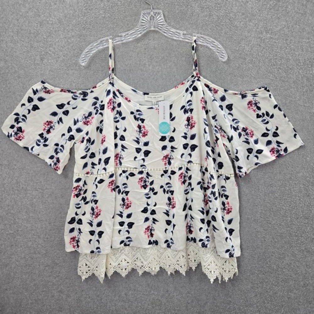 Skies Are Blue Women Blouse 1X Off-White Floral Cold Shoulder Crochet Round NWT
